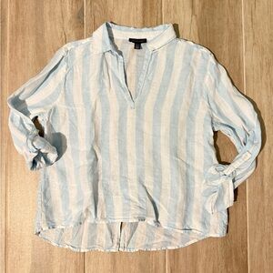 Saks Fifth Avenue 100% Linen Striped Light Blue White Blouse Size Large